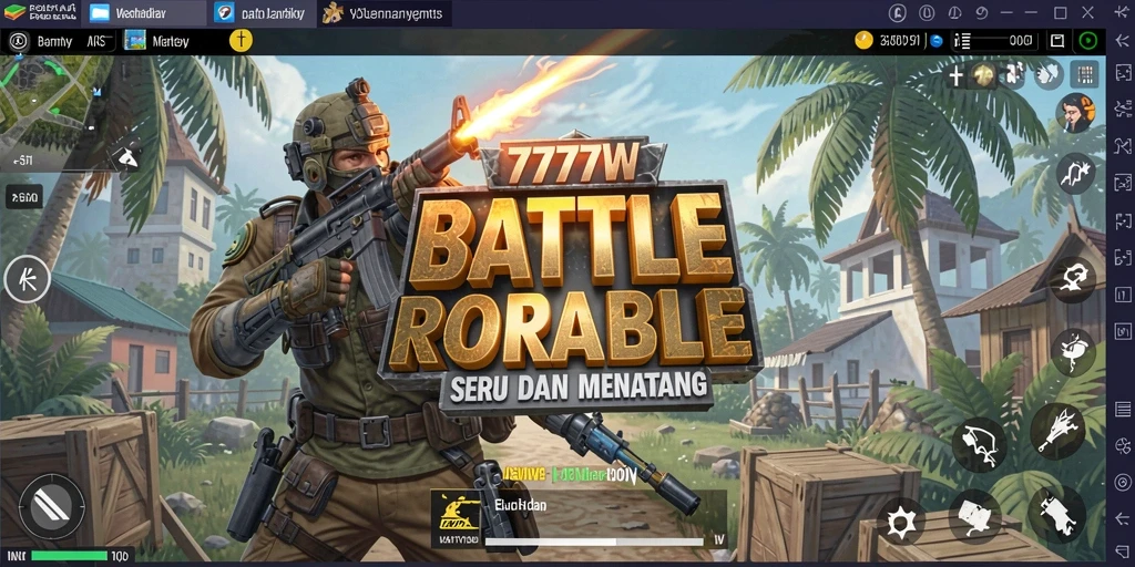 Screenshot utama 7777W menampilkan aksi seru di arena Battle Royale.