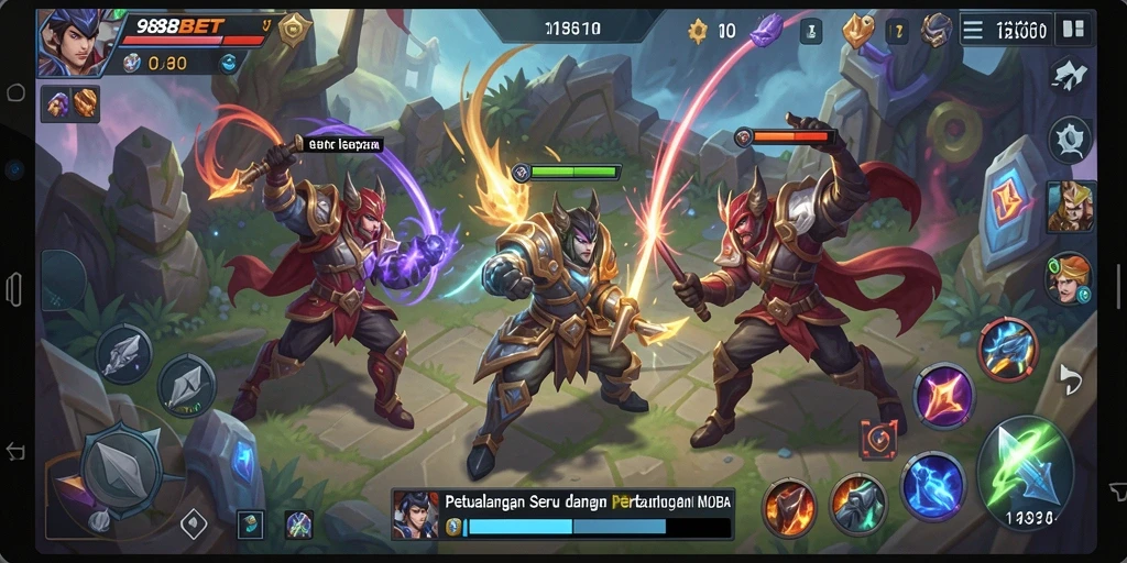 Screenshot gameplay seru dari 988BET yang menunjukkan pertarungan tim dalam arena.
