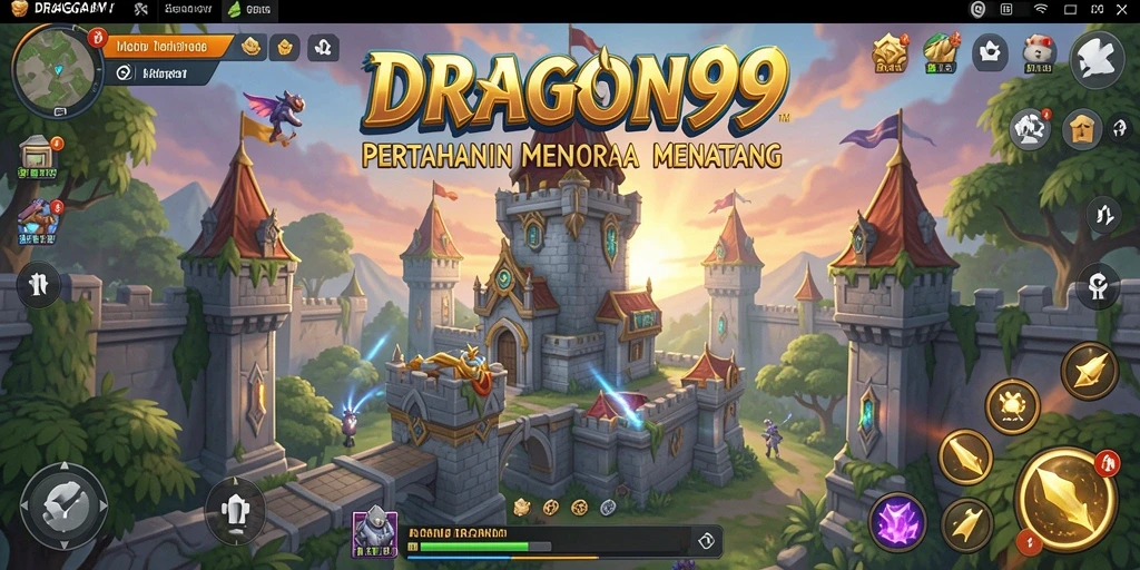 Tangkapan layar gameplay <strong>DRAGON99</strong> menunjukkan menara yang kuat menghadapi gelombang musuh.