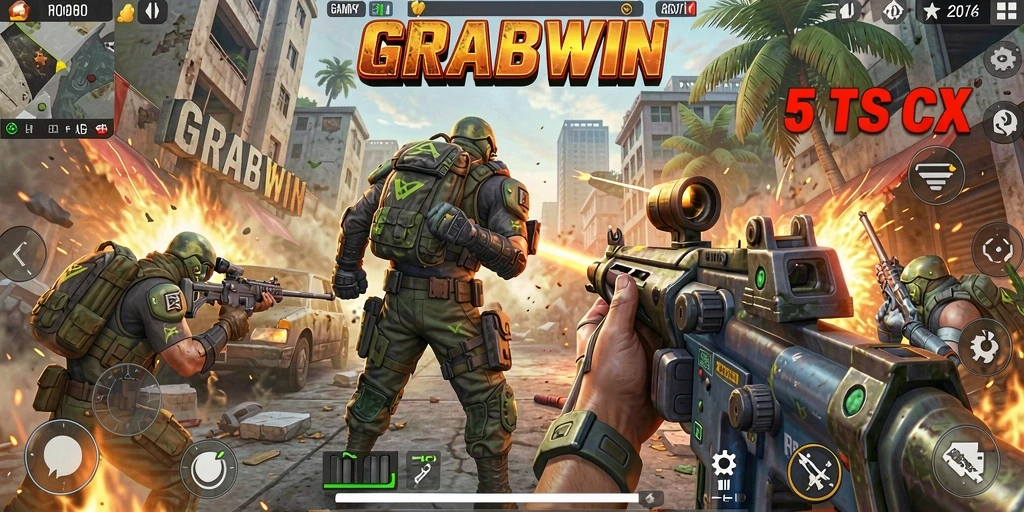 Tangkapan layar gameplay <strong>GRABWIN</strong> menampilkan aksi seru dan strategis dalam pertarungan TPS.