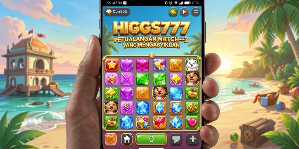 Tampilan gameplay HIGGS777 saat mencocokkan item Match-3.