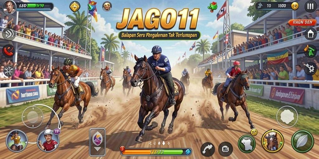 Screenshot utama menampilkan aksi balapan seru di JAGO11.