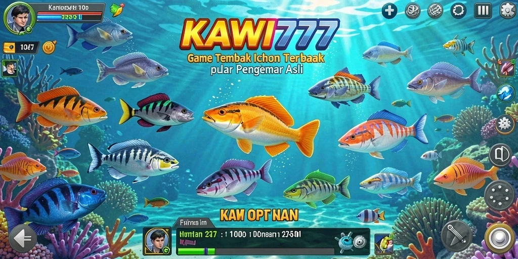 Screenshot permainan KAWI777 menampilkan aksi seru dalam menembak ikan.