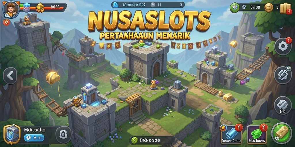 Screenshot gameplay NUSASLOTS menampilkan aksi pertahanan menara yang mendebarkan.