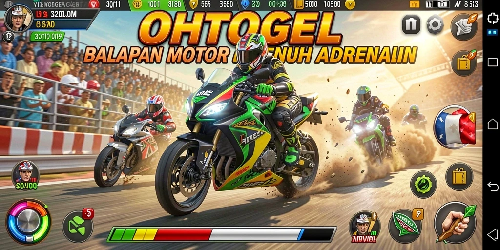 Screenshot utama OHTOGEL menampilkan balapan motor yang intens dan grafis mengesankan.