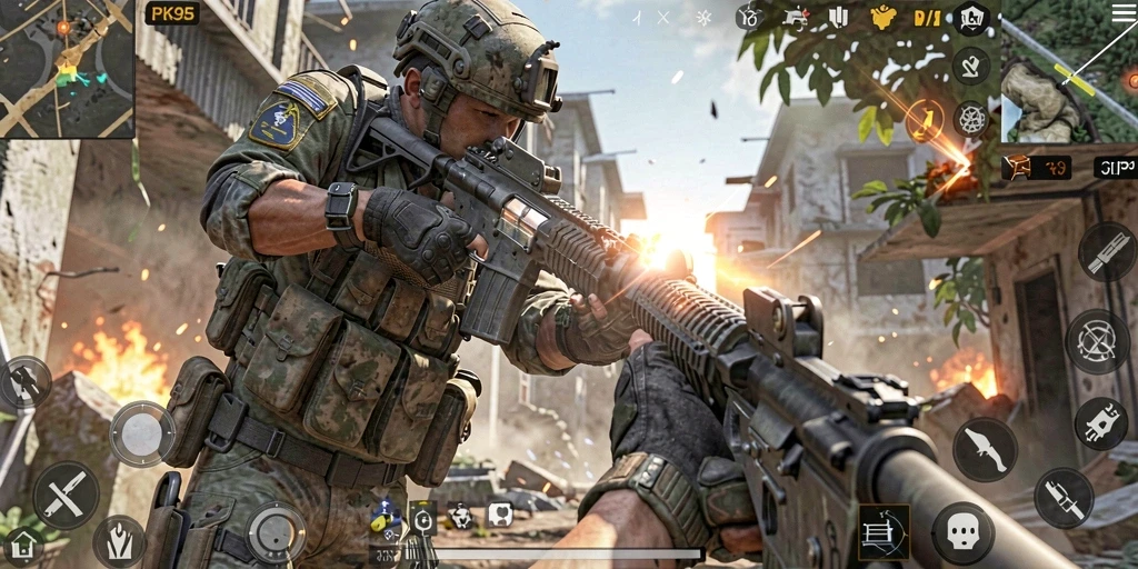 Tangkapan layar PK95 menunjukkan aksi seru dalam pertempuran FPS.