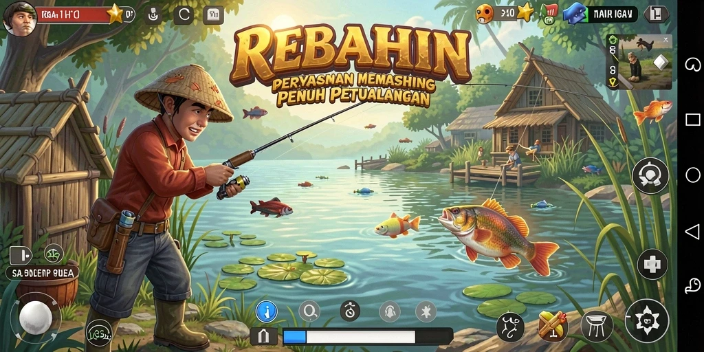 Screenshot gameplay REBAHIN dengan aksi memancing yang mendebarkan.