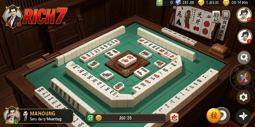 Tangkapan layar dari gameplay RICH7 yang menampilkan ubin Mahjong yang berwarna-warni.