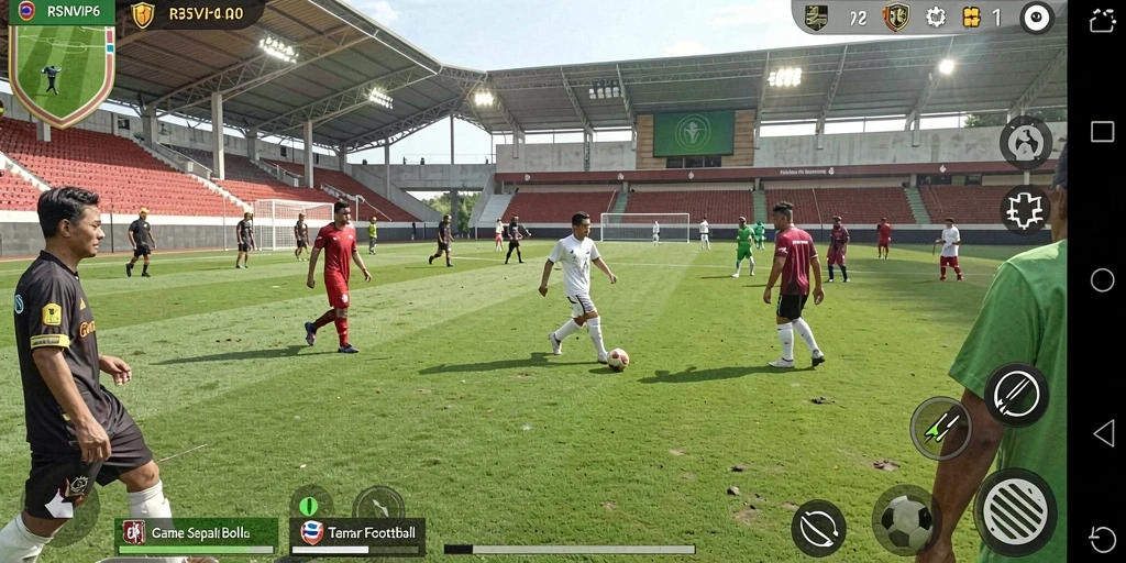 Tangkapan layar utama RSNVIP6 menunjukkan aksi mendebarkan di lapangan sepak bola.