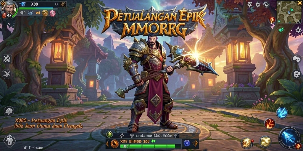 Tangkapan layar utama X88 menampilkan aksi pertempuran epik di dunia MMORPG.